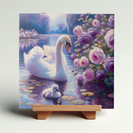 Weißschwan und Cygnet mit Lila Rose Fliese