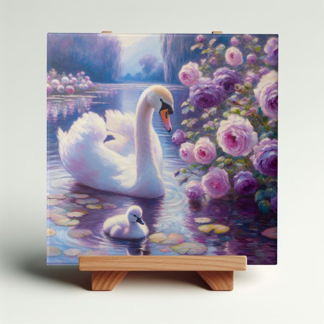 Weißschwan und Cygnet mit Lila Rose Fliese (Von Creator hochgeladen)