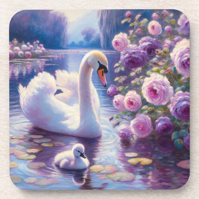 Weißschwan und Cygnet mit Lila Rose Getränkeuntersetzer (Vorderseite)