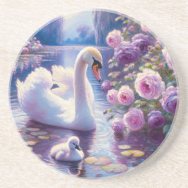 Weißschwan und Cygnet mit Lila Rose Getränkeuntersetzer