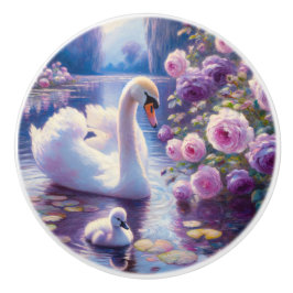 Weißschwan und Cygnet mit Lila Rose Keramikknauf