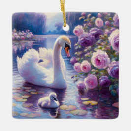 Weißschwan und Cygnet mit Lila Rose Keramikornament