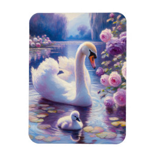 Weißschwan und Cygnet mit Lila Rose Magnet