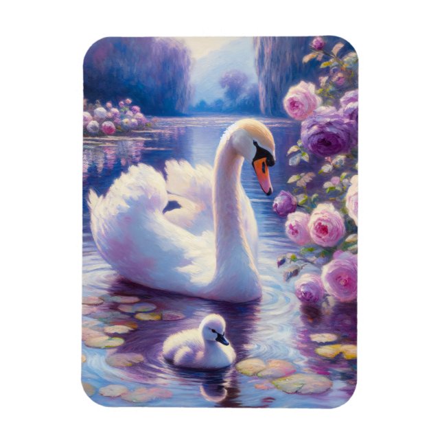 Weißschwan und Cygnet mit Lila Rose Magnet (Vertikal)