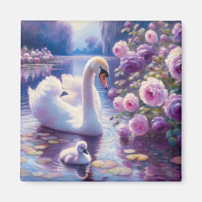 Weißschwan und Cygnet mit Lila Rose Magnet (Vorne)