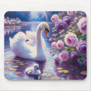 Weißschwan und Cygnet mit Lila Rose Mousepad