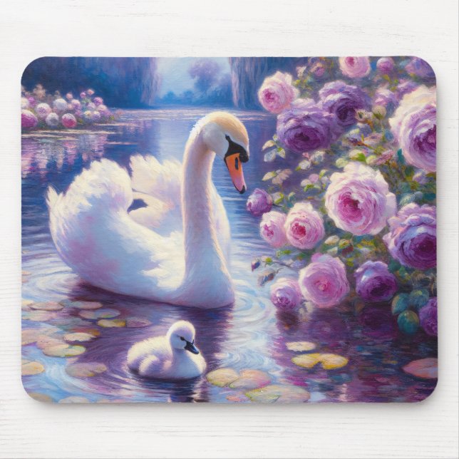Weißschwan und Cygnet mit Lila Rose Mousepad (Vorne)