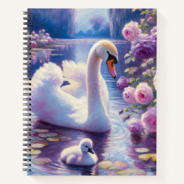 Weißschwan und Cygnet mit Lila Rose Notizbuch