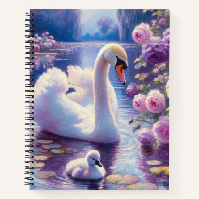 Weißschwan und Cygnet mit Lila Rose Notizbuch (Vorderseite)