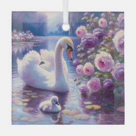 Weißschwan und Cygnet mit Lila Rose Ornament Aus Glas