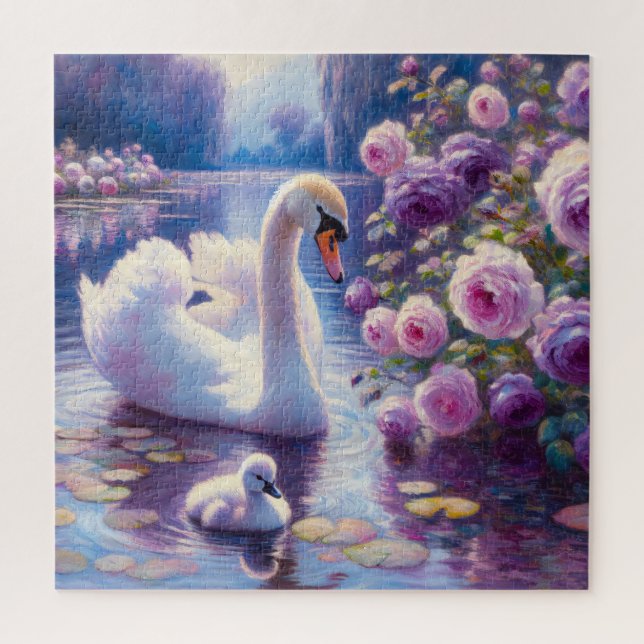 Weißschwan und Cygnet mit Lila Rose Puzzle (Vertikal)