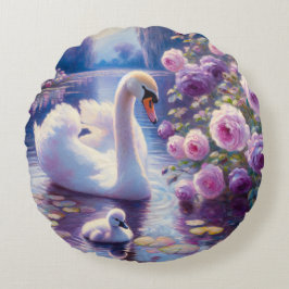Weißschwan und Cygnet mit Lila Rose Rundes Kissen