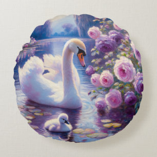 Weißschwan und Cygnet mit Lila Rose Rundes Kissen