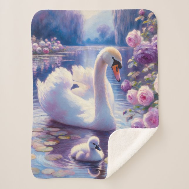 Weißschwan und Cygnet mit Lila Rose Sherpadecke (Vorderseite)
