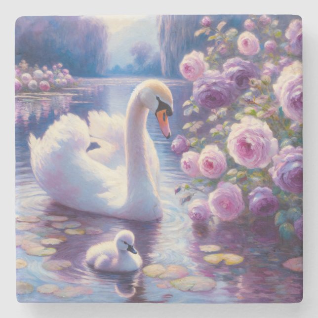 Weißschwan und Cygnet mit Lila Rose Steinuntersetzer (Vorderseite)