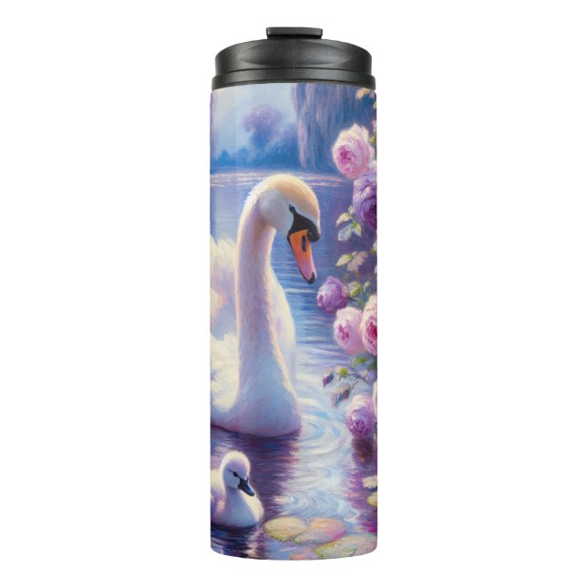 Weißschwan und Cygnet mit Lila Rose Thermosbecher (Vorderseite)