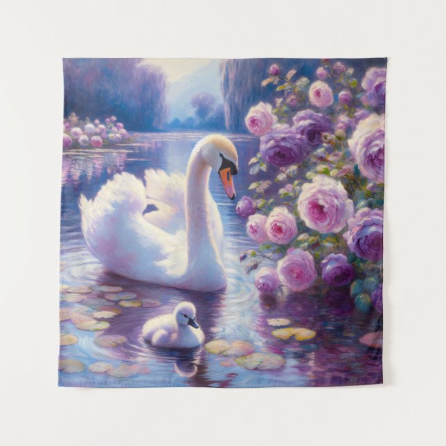 Weißschwan und Cygnet mit Lila Rose Wandteppich (Vorderseite)