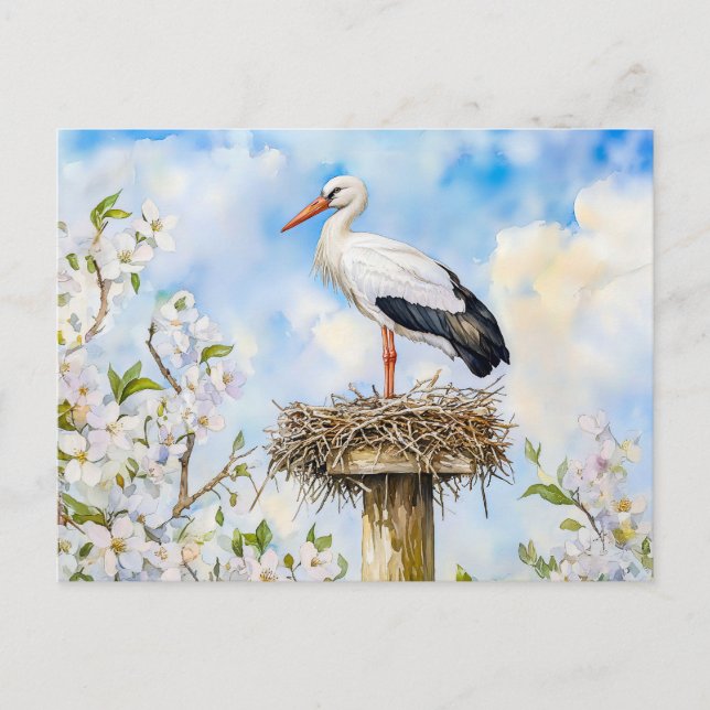 Weißstorch auf einem Nest im Frühling Aquarellmale Postkarte (Vorderseite)