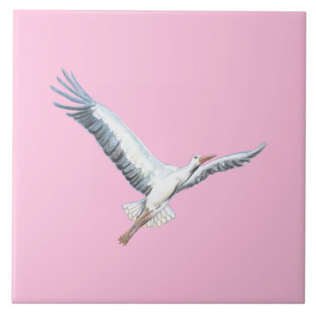 Weißstorch in Pastellrosa Fliese (Vorderseite)