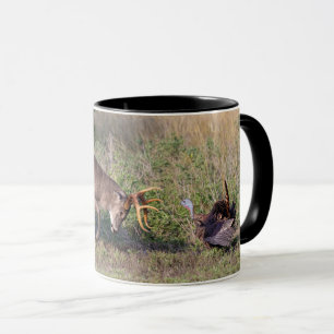 Weißwedelhirsch kämpft mit Wildtruthahn Tasse