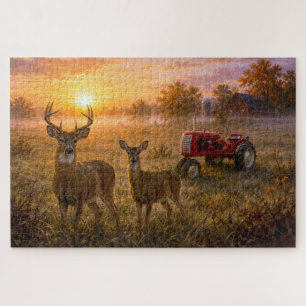 Weißwedelhirsch mit vintage rotem Landwirtstraktor Puzzle