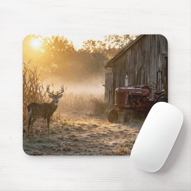 Weißwedelhirsch mit Vintage-Rotem Traktor Mousepad (Mit Mouse)