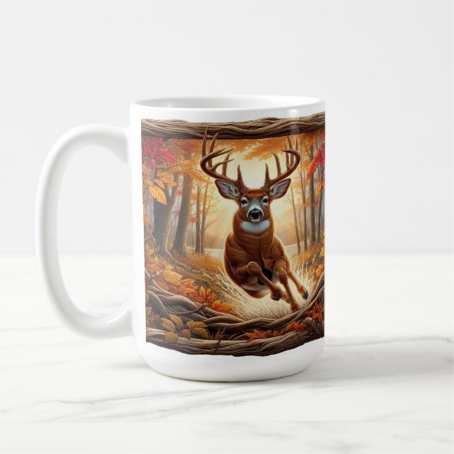 Weißwedelhirsch springt durch leuchtendes Herbstla Kaffeetasse (Links)