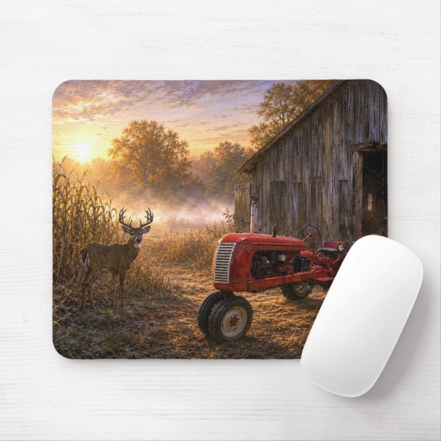 Weißwedelhirsch und alter Traktor im Morgennebel Mousepad (Mit Mouse)