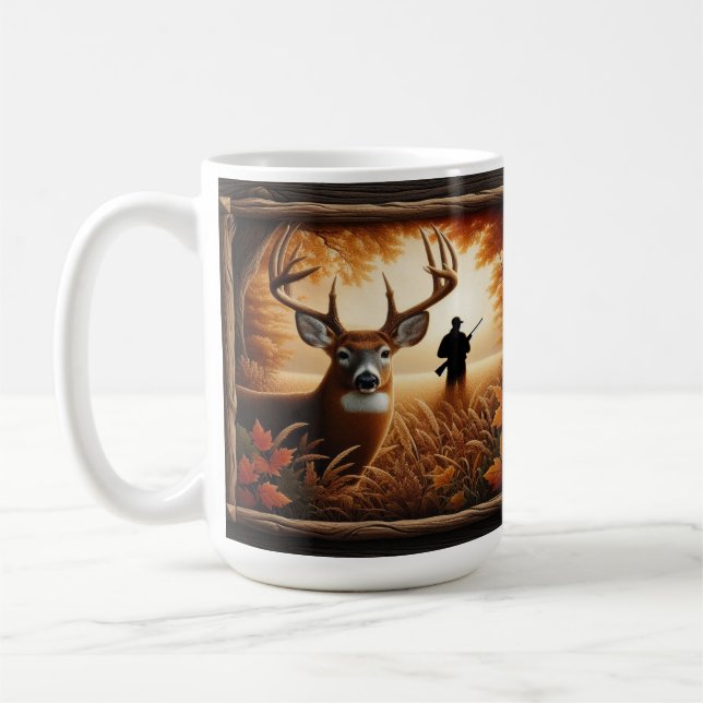 Weißwedelhirsch und Jäger Herbstwald Kaffeetasse (Links)