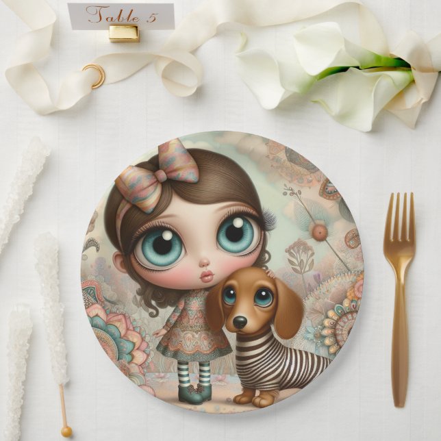 Weitäugiges primitives Mädchen mit Hund Pappteller (Hochzeit)