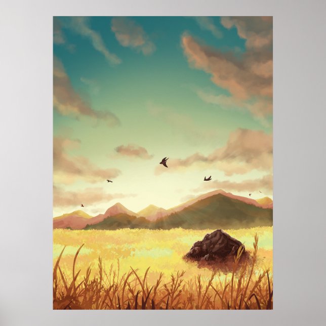 Weizenfelder bei Sonnenaufgang Poster (Vorne)