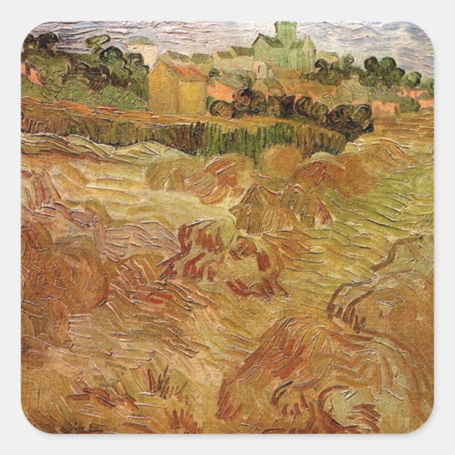 Weizenfelder mit Auvers von Vincent van Gogh Quadratischer Aufkleber (Vorderseite)