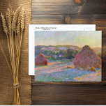 Weizenstapel SommerClaude Monet Postkarte<br><div class="desc">Eine kunstvolle Postkarte mit dem impressionistischen Gemälde,  Weizenstapel (Ende des Sommers) 1890-1891 von Claude Monet (1840-1926). Weizenstapel in einem landwirtschaftlichen Feld mit den Sonnengussschatten auf dem Feld.</div>