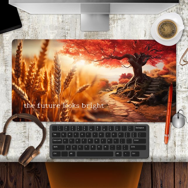 Weizenweishäufigkeit Zitat Schreibtischmatte (Desk mat featuring a wheat field with a path and old tree, with your custom quote or wisdom)