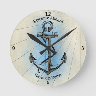 Welcome Aboard Your Boat's Name Anchor  Runde Wanduhr