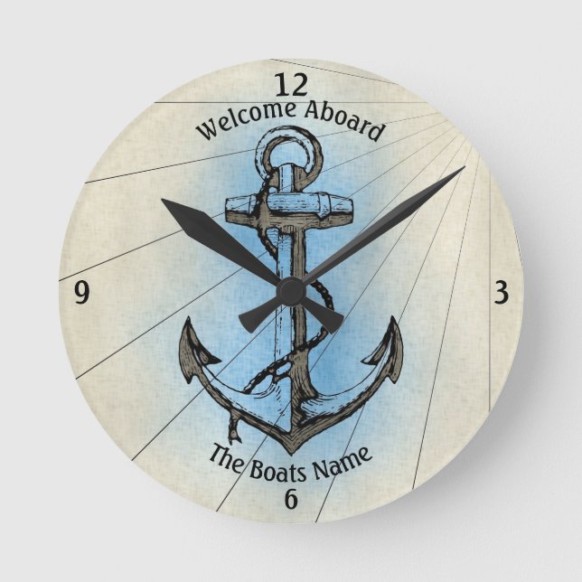 Welcome Aboard Your Boat's Name Anchor  Runde Wanduhr (Vorderseite)