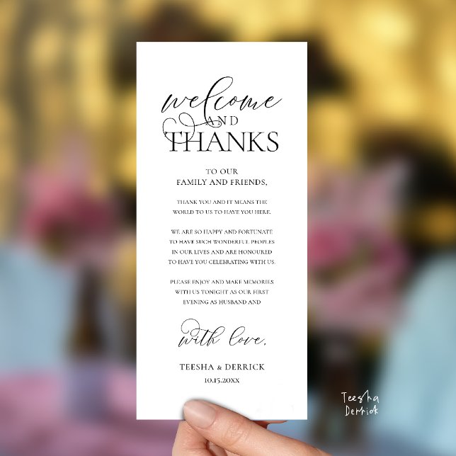 "Welcome and Thanks" Classy Reception Guest Card Programm ("Welcome and Thanks" Classy Wedding Romantic Reception Guest Card in black and white)