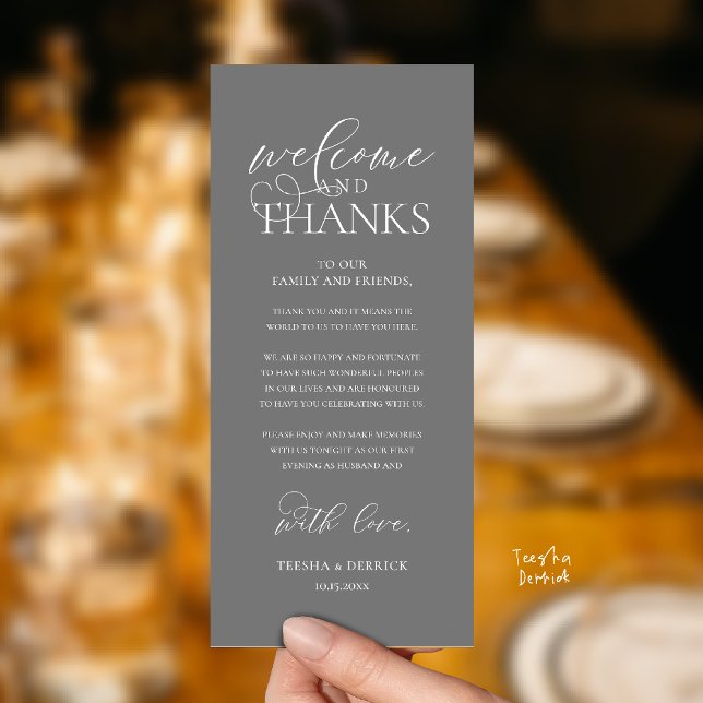 "Welcome and Thanks" Classy Reception Guest Card Programm ("Welcome and Thanks" Classy Wedding Romantic Reception Guest Card in dark grey)