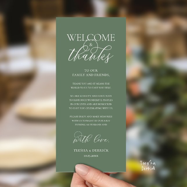"Welcome and Thanks" Elegant Reception Guest Card Programm ("Welcome and Thanks" Elegant Wedding Reception Guest Thank you Card in Sage Green)