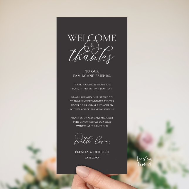 "Welcome and Thanks" Elegant Reception Guest Card Programm ("Welcome and Thanks" Elegant Wedding Reception Guest Thank you Card in Charcoal Grey)