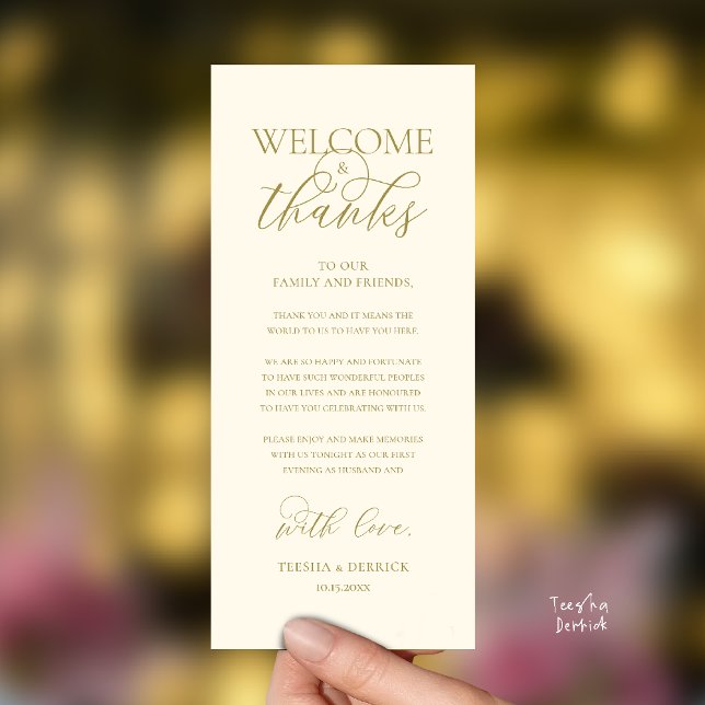 "Welcome and Thanks" Elegant Reception Guest Card Programm ("Welcome and Thanks" Elegant Wedding Reception Guest Thank you Card in Yellow Gold)