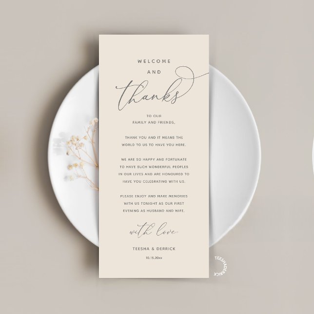 "Welcome and Thanks" Elegant Reception Guest Card Programm (Modern Elegant Wedding Reception "Welcome and Thanks" Table Card for Guest in Cream Grey)