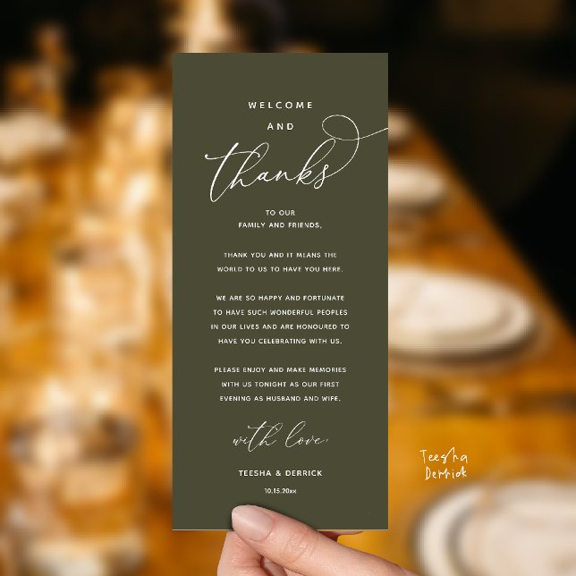 "Welcome and Thanks" Elegant Reception Guest Card Programm (Modern Elegant Wedding Reception "Welcome and Thanks" Table Card for Guest in Olive Green)