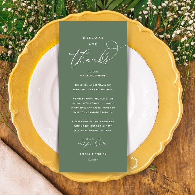 "Welcome and Thanks" Elegant Reception Guest Card Programm (Modern Elegant Wedding Reception "Welcome and Thanks" Table Card for Guest in Sage Green)