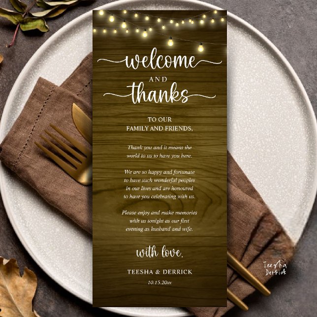 "Welcome and Thanks" Rustic Reception Guest Card Programm ("Welcome and Thanks" Rustic Reception dinner Guest thank you Card in string lights brown wood)