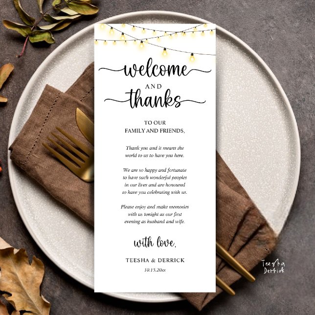 "Welcome and Thanks" Rustic Reception Guest Card Programm ("Welcome and Thanks" Rustic Reception dinner Guest thank you Card in string lights black and white)