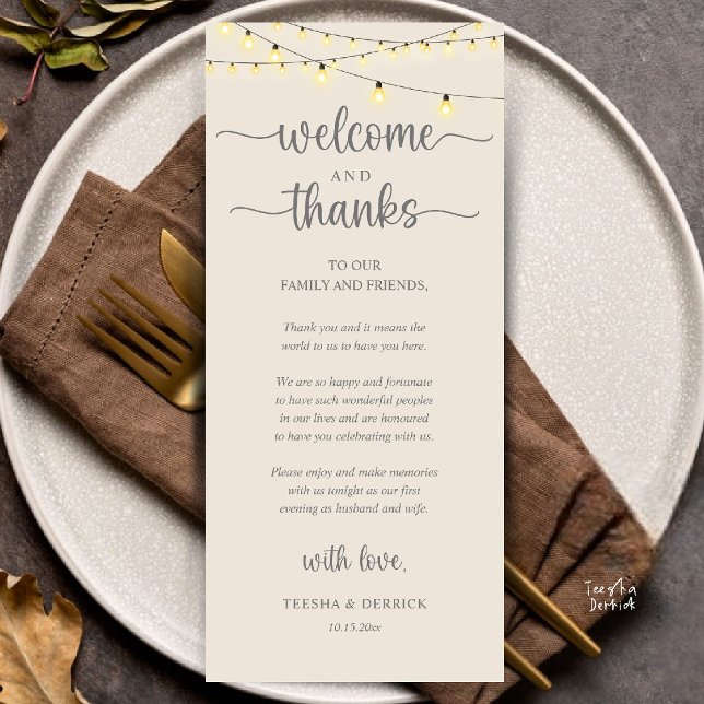 "Welcome and Thanks" Rustic Reception Guest Card Programm ("Welcome and Thanks" Rustic Reception dinner Guest thank you Card in string lights cream grey)