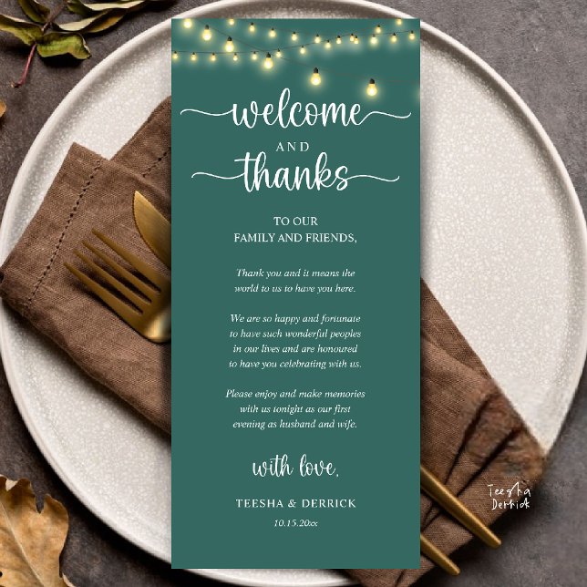 "Welcome and Thanks" Rustic Reception Guest Card Programm ("Welcome and Thanks" Rustic Reception dinner Guest thank you Card in string lights teal green)
