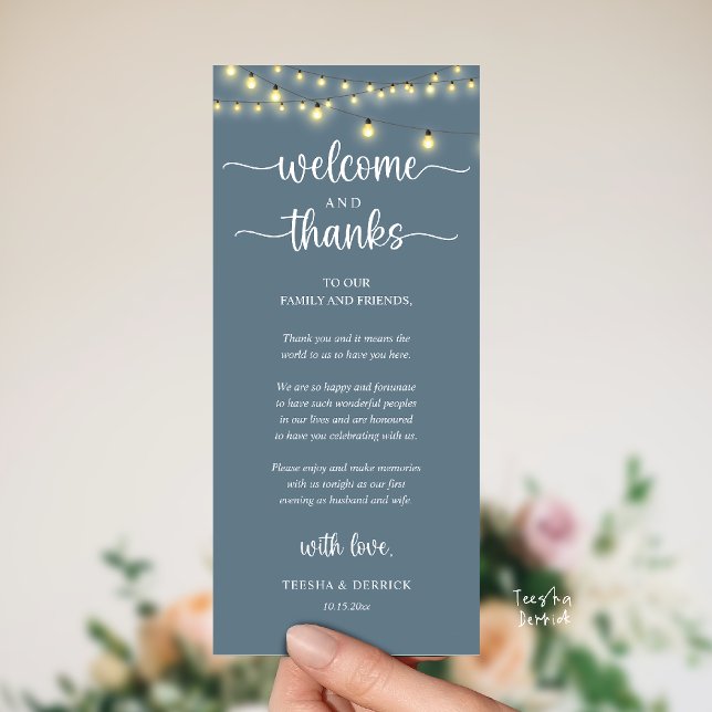 "Welcome and Thanks" Rustic Reception Guest Card Programm ("Welcome and Thanks" Rustic Reception dinner Guest thank you Card in string lights dusty blue)