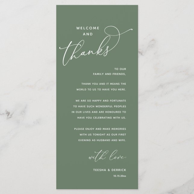 Welcome and Thanks, Wedding Dinner Thank You Card Programm (Vorderseite)